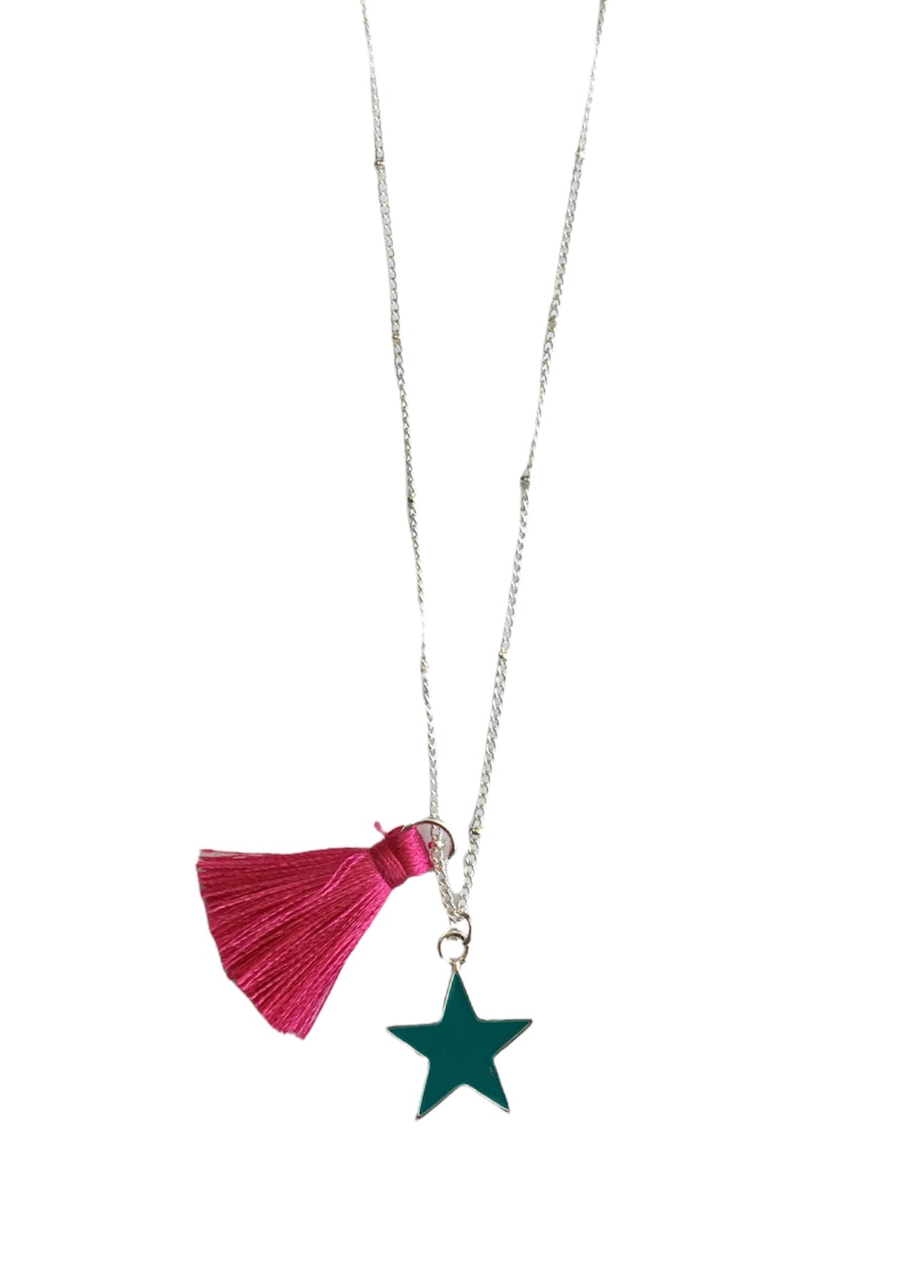 Silver plated Fuchsia Tassel Necklace with Turquoise Star