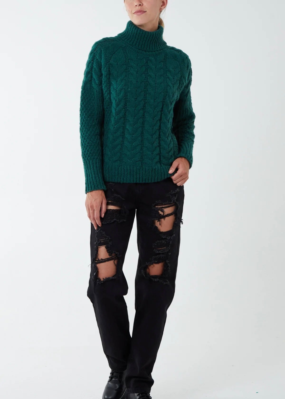 Sands -  Roll Neck Cable Jumper - Green