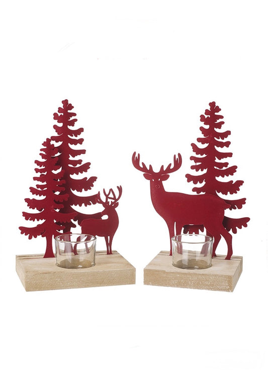 Red Metal Deer Trees Tea Light Holder*