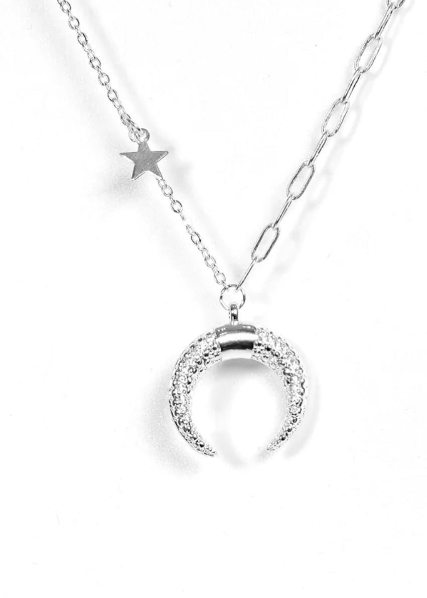 Silver Double Horn Charm Necklace with Small Star Pendant
