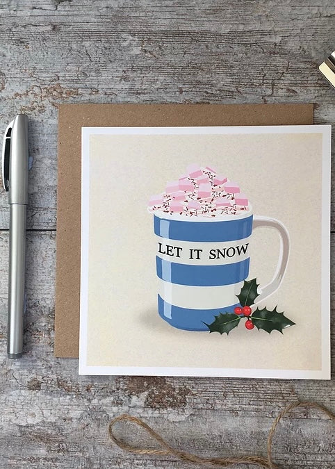 Corniche let it snow card hot chocolate in a blue and white Cornish ware mug