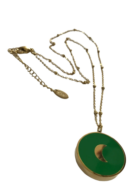 Green Gold Circular Crescent Moon Pendant Necklace