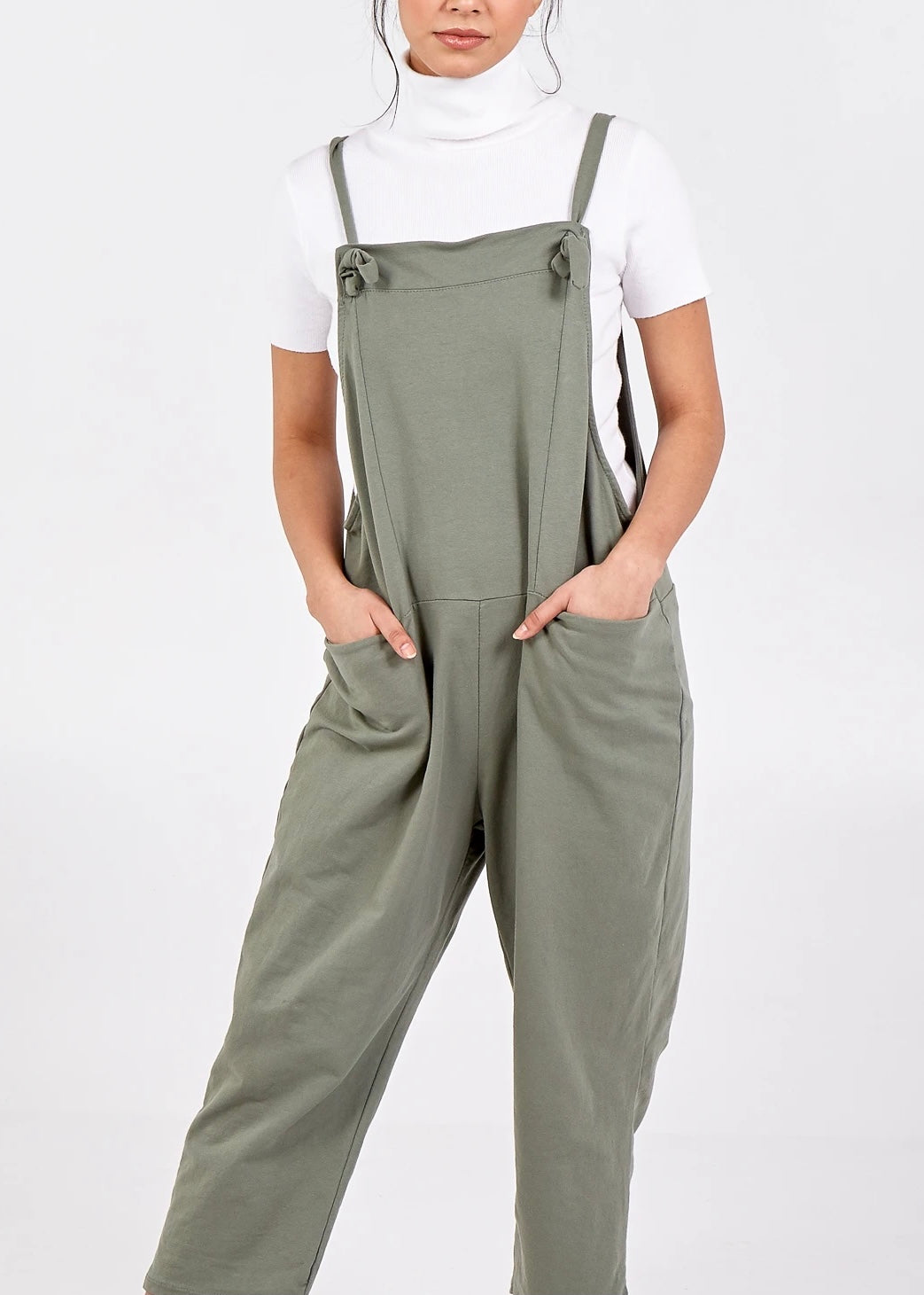 Plain jersey dungarees with tie straps in khaki