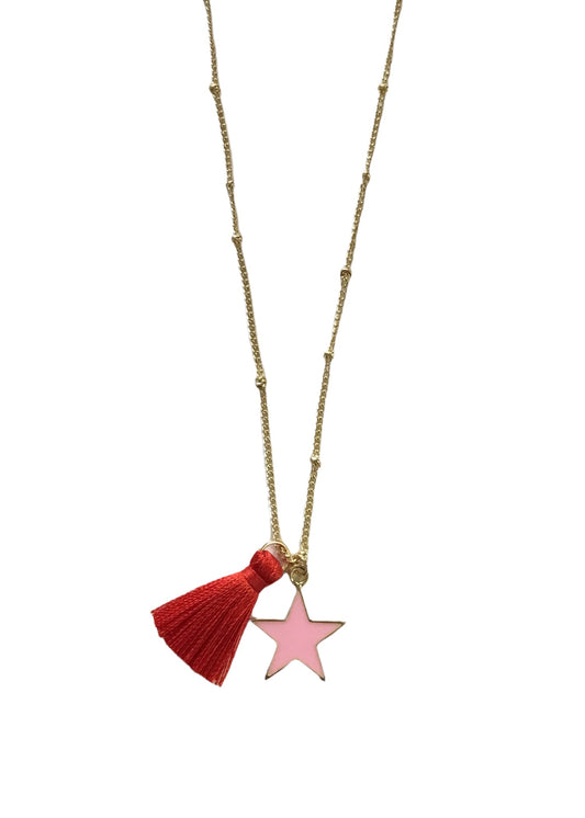 Gold plated Red Tassel Necklace with Pale Pink Star