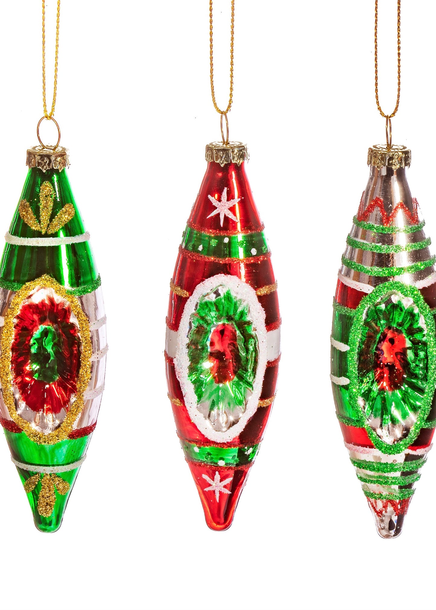 Long indented baubles in green and red with glitter