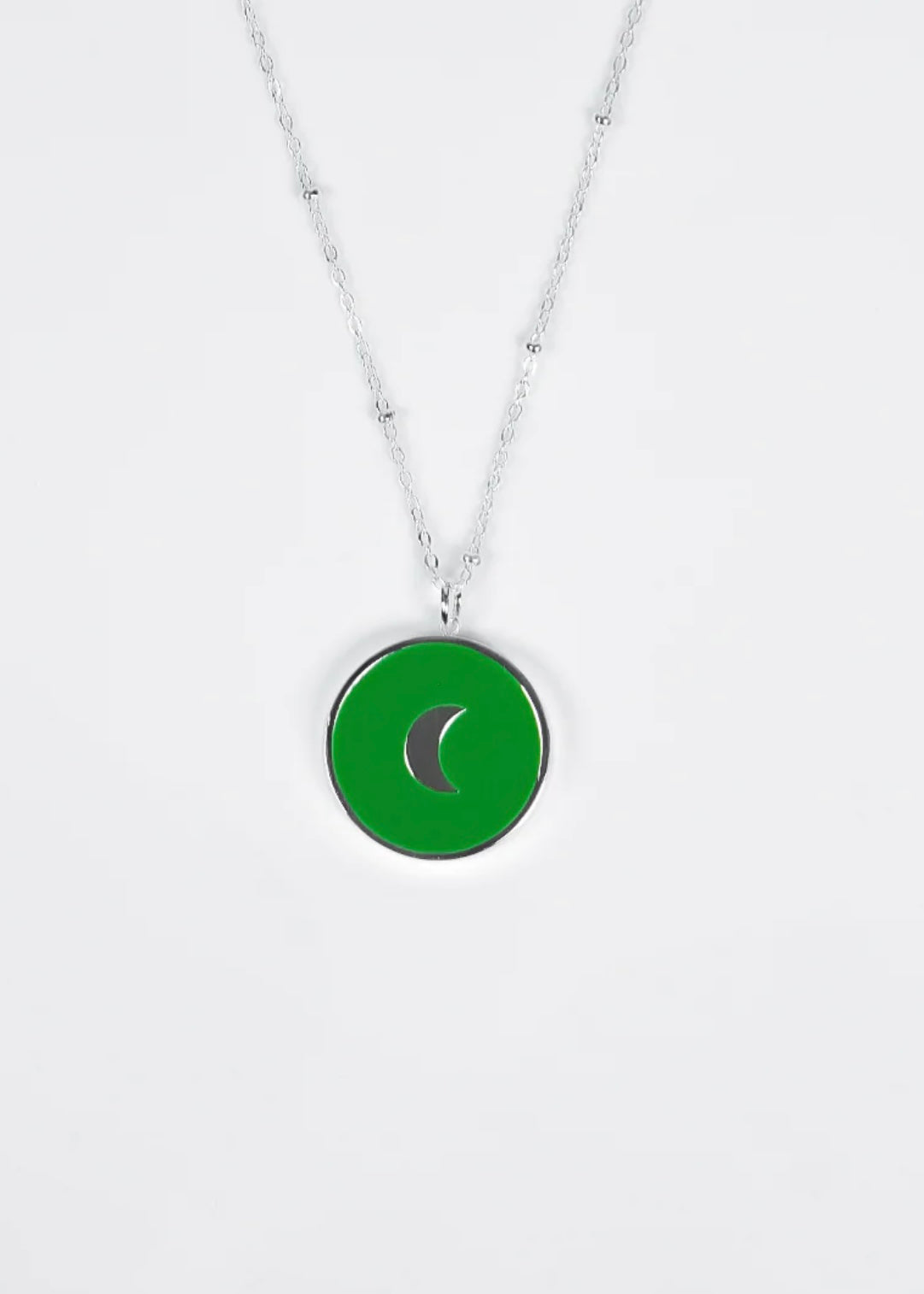 Green Silver Circular Crescent Moon Pendant Necklace