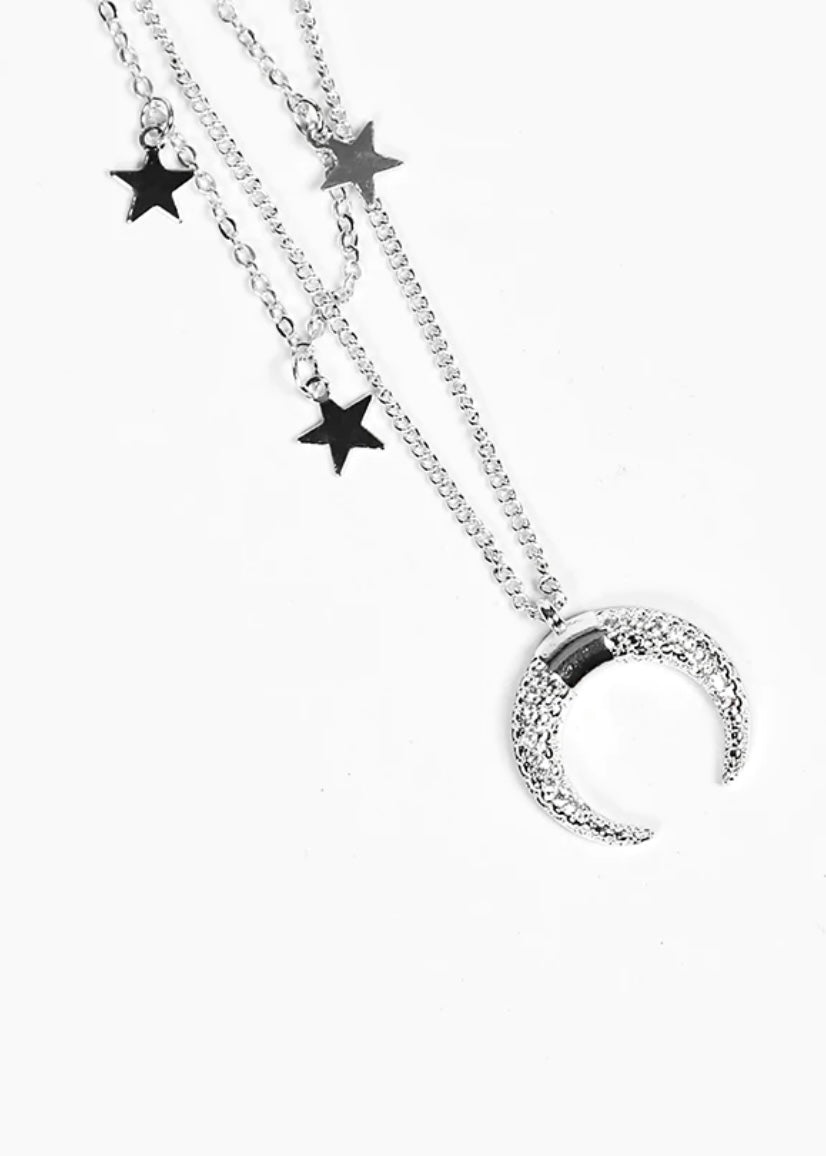 Sands Silver 3 Layered Necklace with Star and Crescent Moon Pendant
