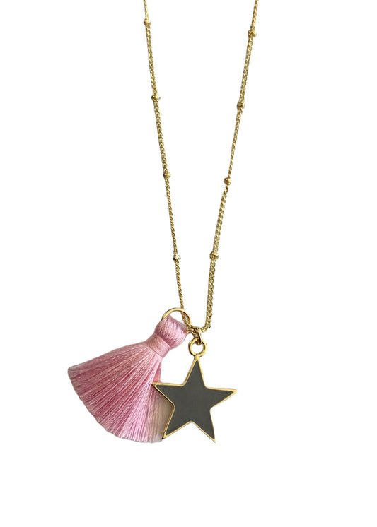 Gold plated Pink Tassel Necklace with Grey Star