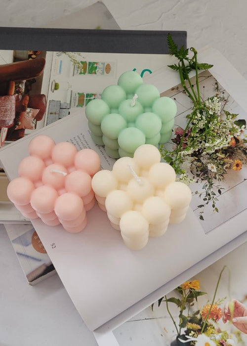 3 bubble candles in pink, cream and mint  