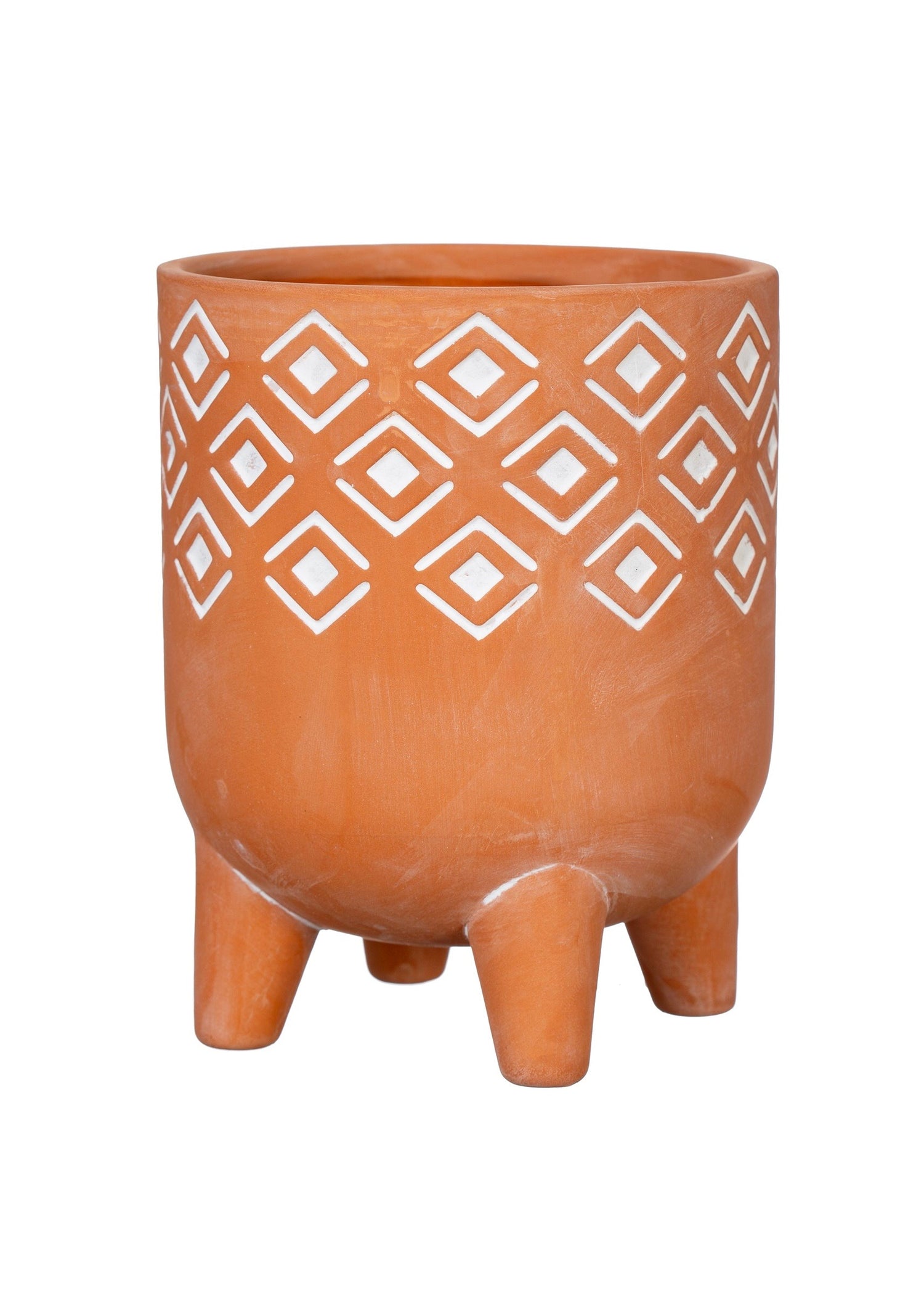 Terracota planter with legs and geometric white detailing 