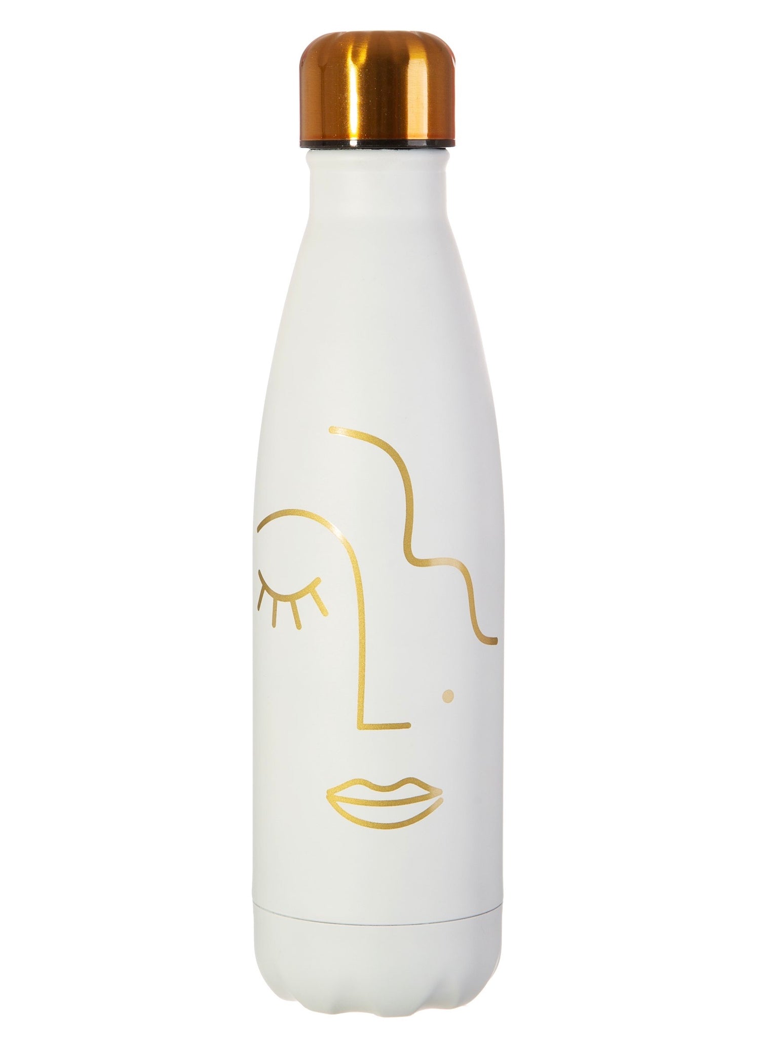 White flask with gold lid and gold abstract face detailing 