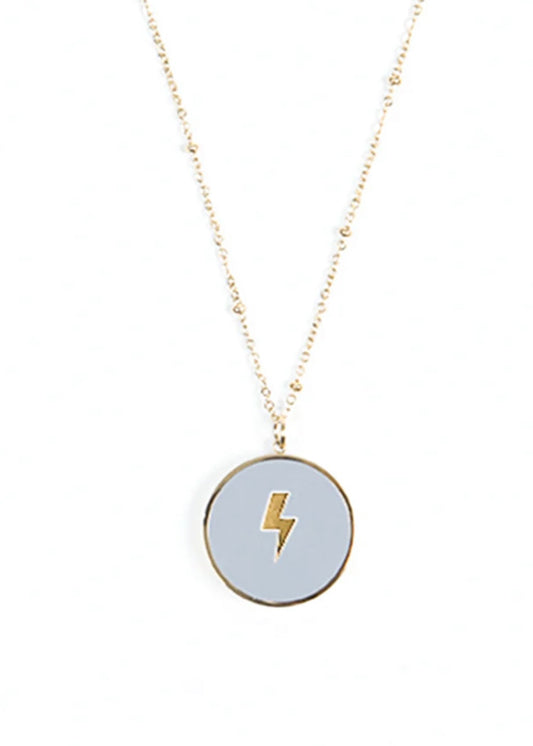 Grey Gold Circular Lightning Bolt Pendant Necklace