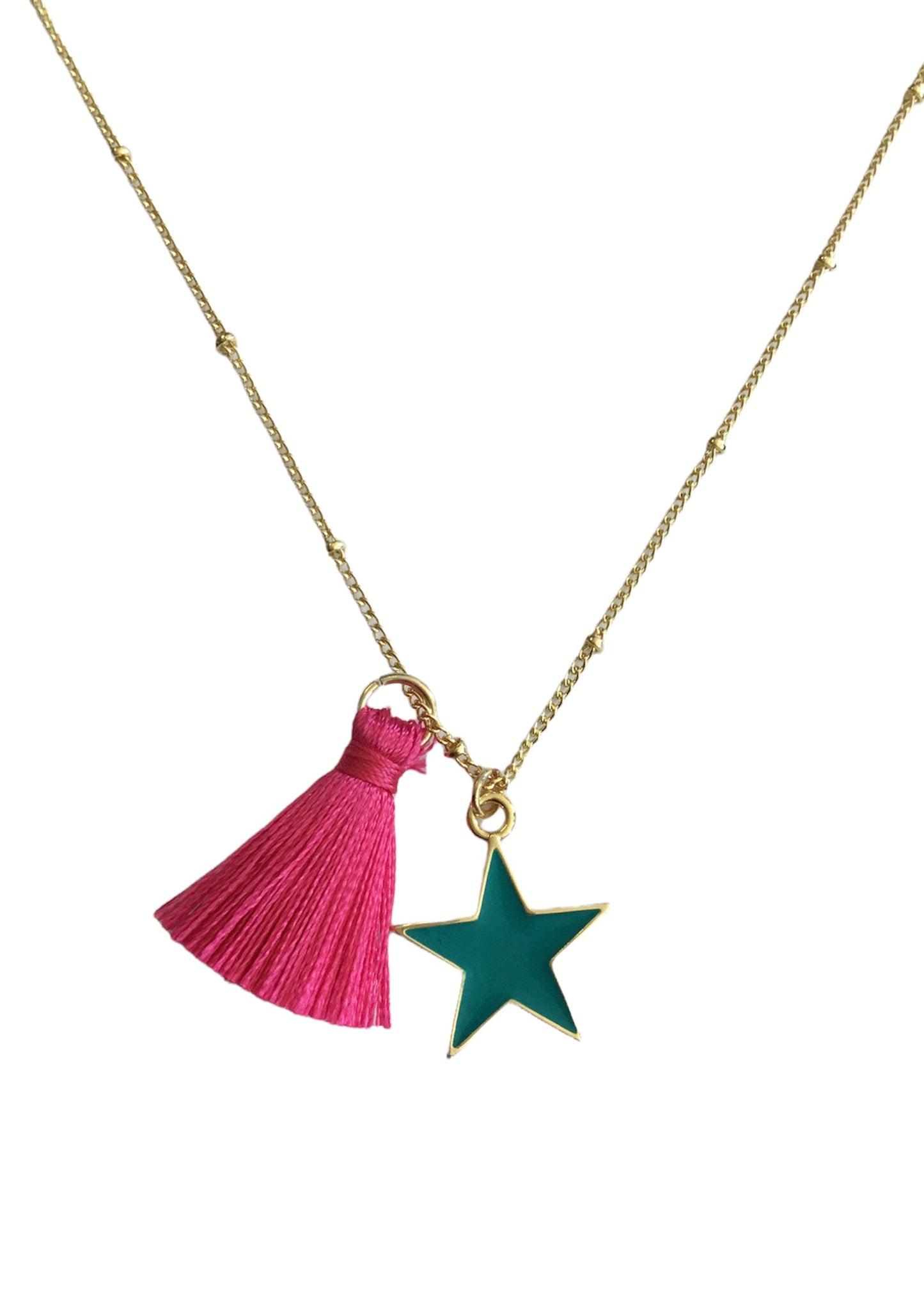 Gold plated Fuchsia Tassel Necklace with Turquoise Star