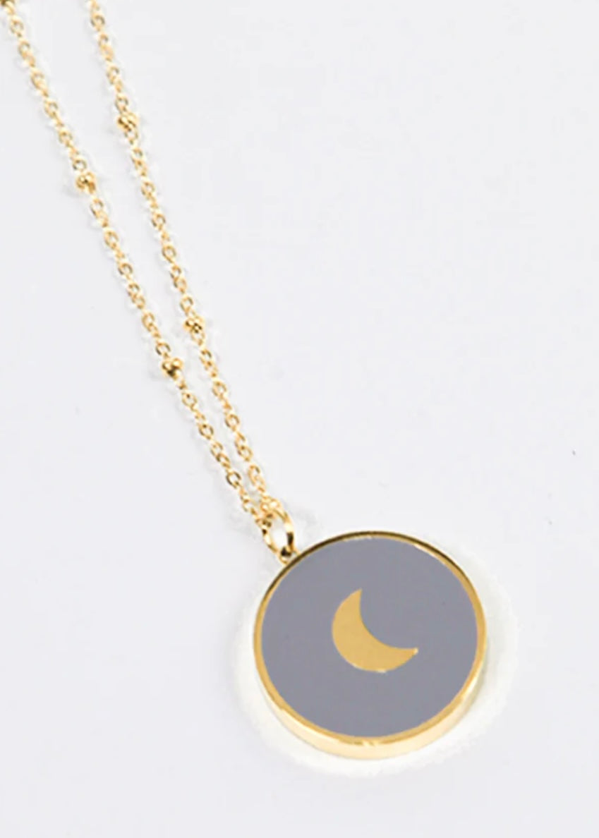 Grey Gold Circular Crescent Moon Pendant Necklace