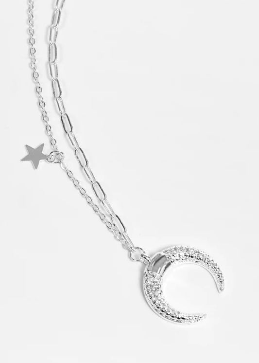 Silver Double Horn Charm Necklace with Small Star Pendant