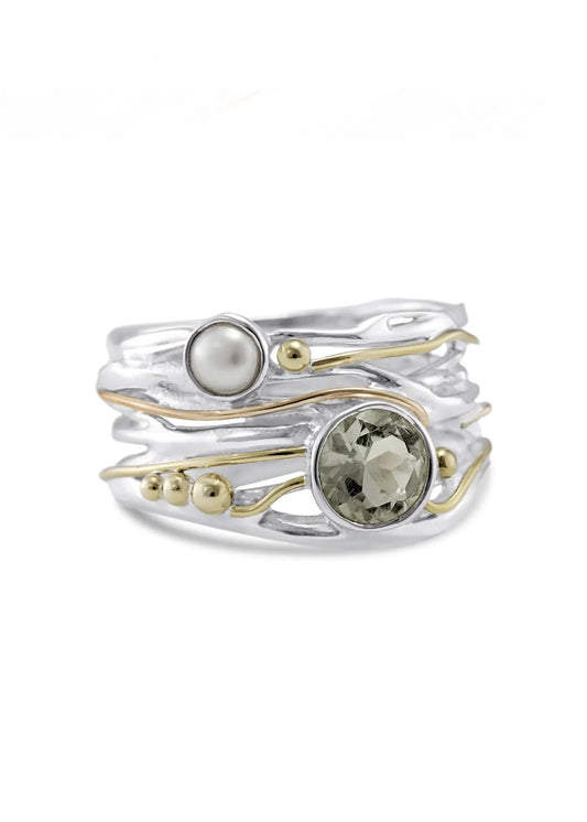 Banyan Silver Green Amethyst with Freshwater Pearl Ring*