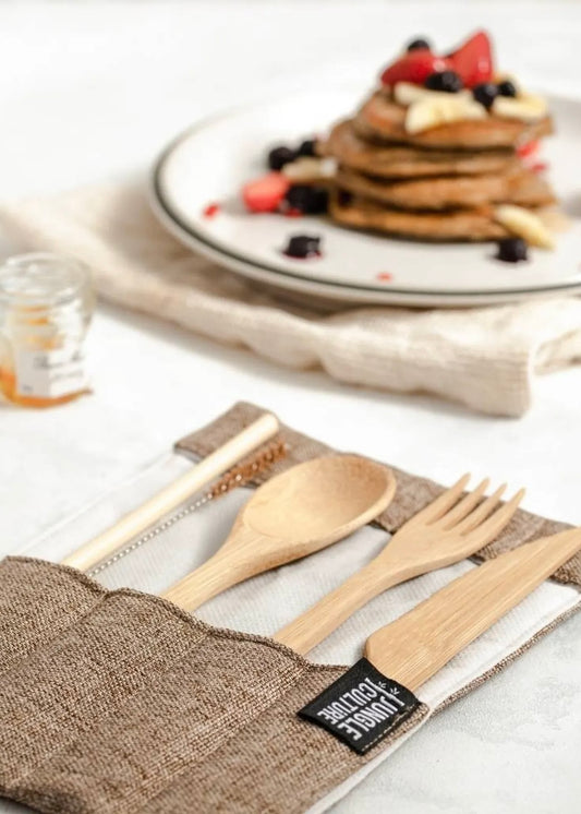 Jungle Culture Bamboo Cutlery Set (Brown) in Natural Cotton Pouch | Wooden Utensils