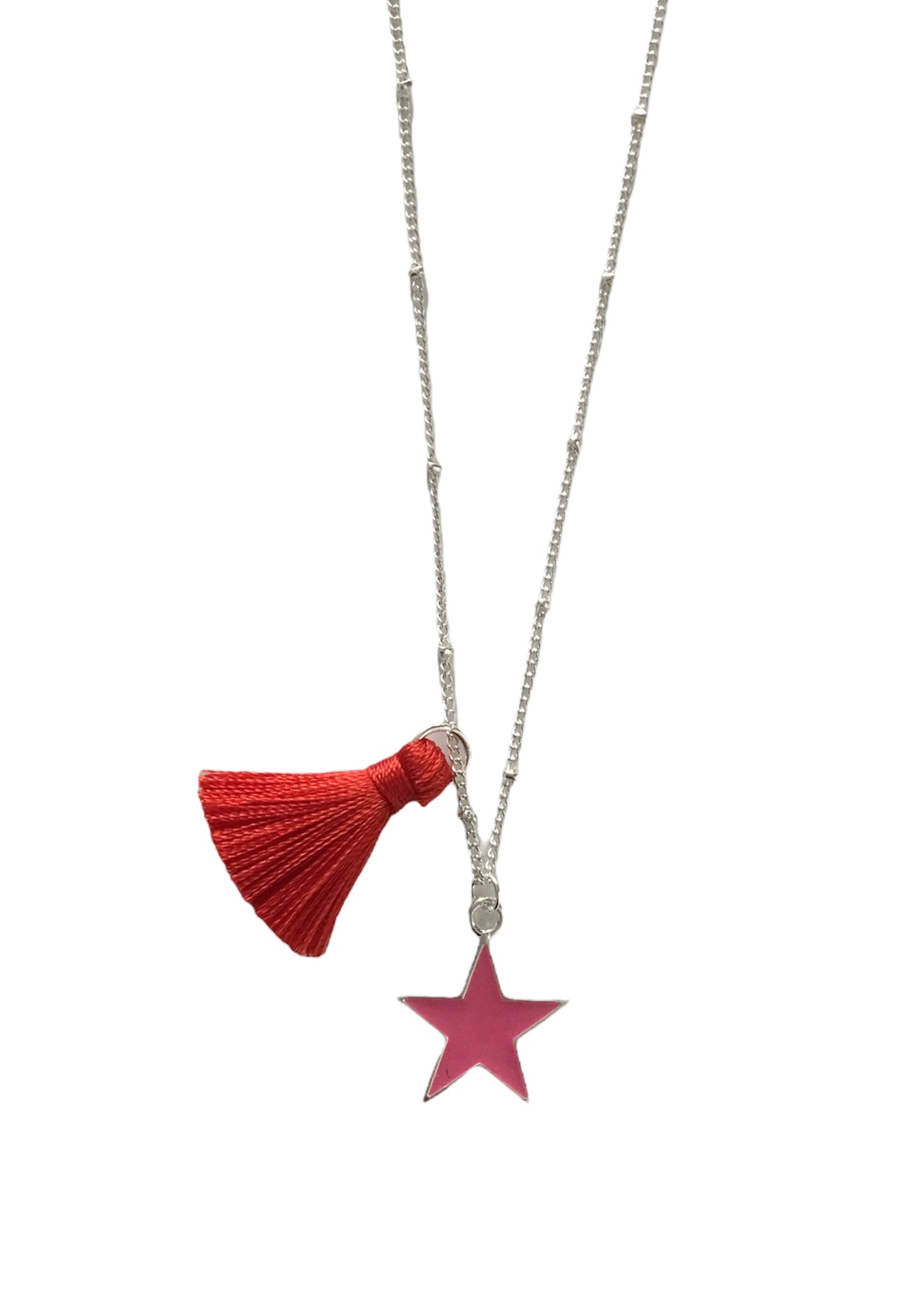 Silver plated Red Tassel Necklace with Fuchsia Pink Star