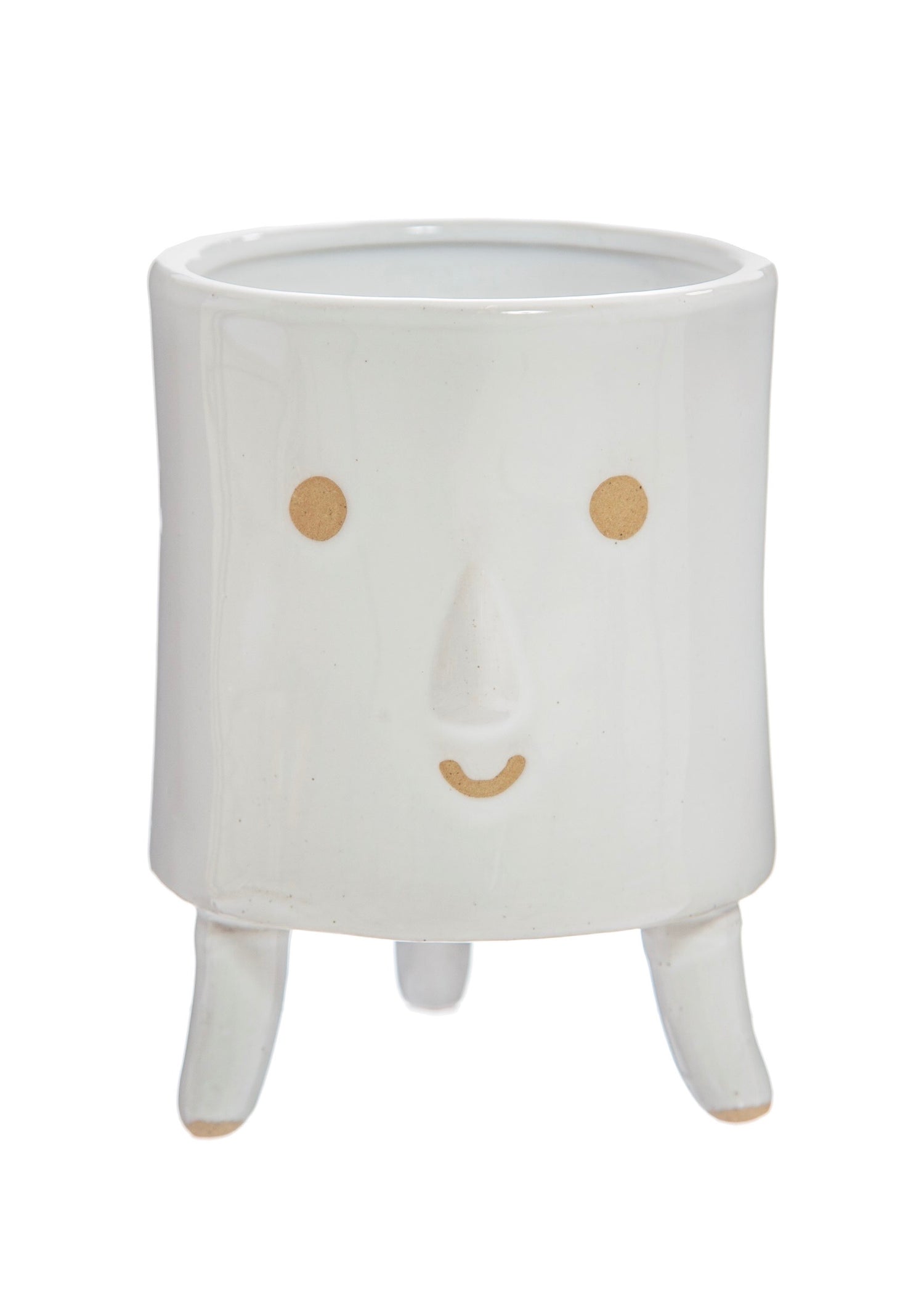 White glazed leggy planter with brown smiley face