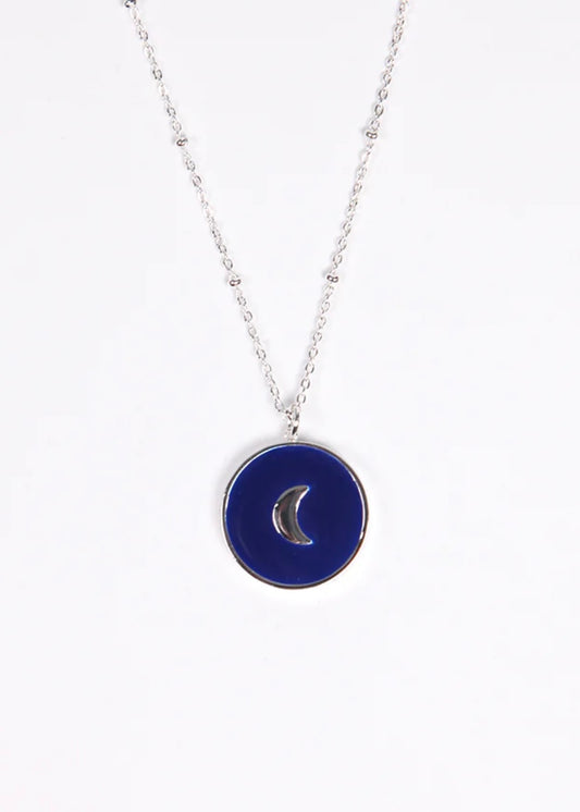 Navy Silver Circular Crescent Moon Pendant Necklace