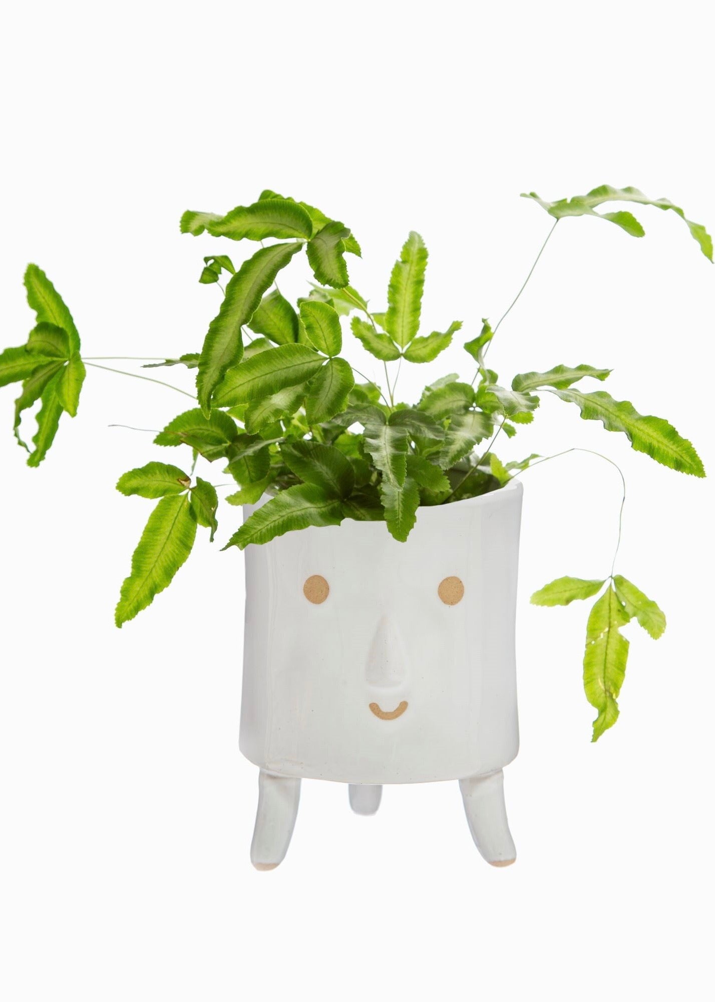 White glazed leggy planter with brown smiley face